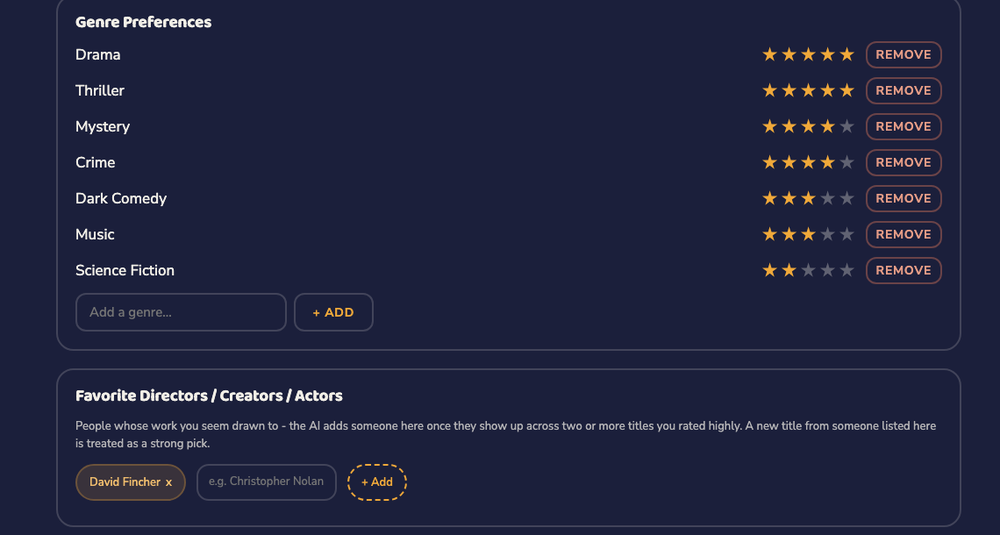 The My Preferences page showing star-rated genre confidence for Drama, Thriller, Mystery, and others, plus a Favorite Directors/Creators/Actors section listing David Fincher.
