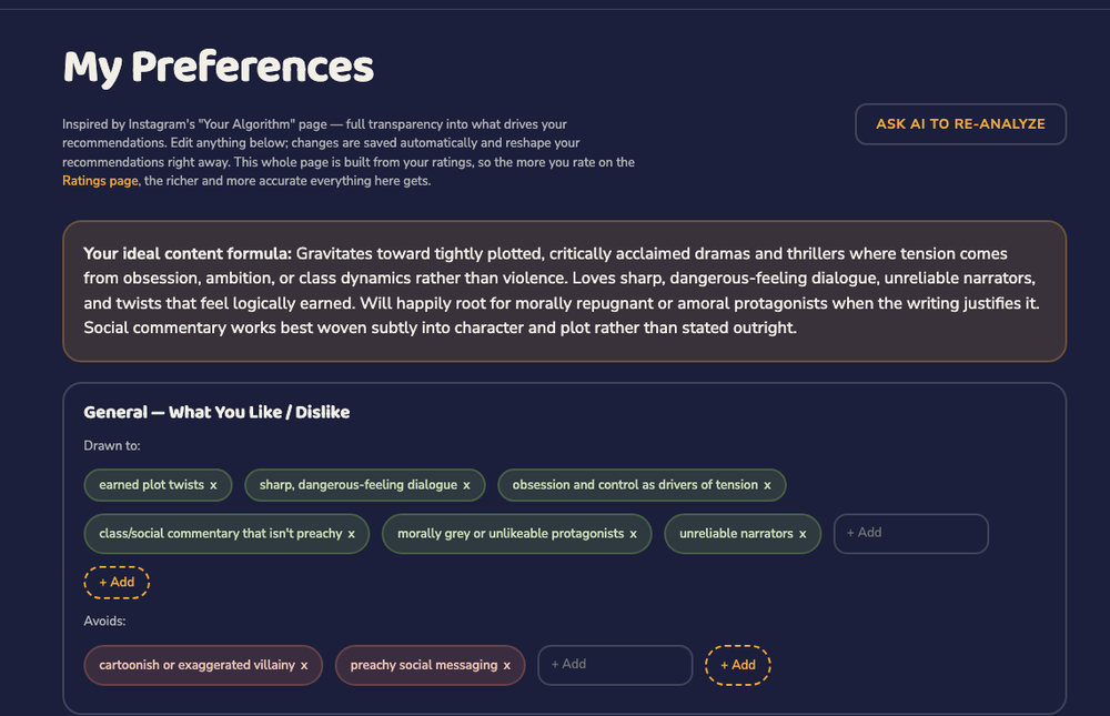 The My Preferences page showing an AI-written taste-profile summary and a list of editable 'drawn to' chips like 'earned plot twists' and 'sharp, dangerous-feeling dialogue.'